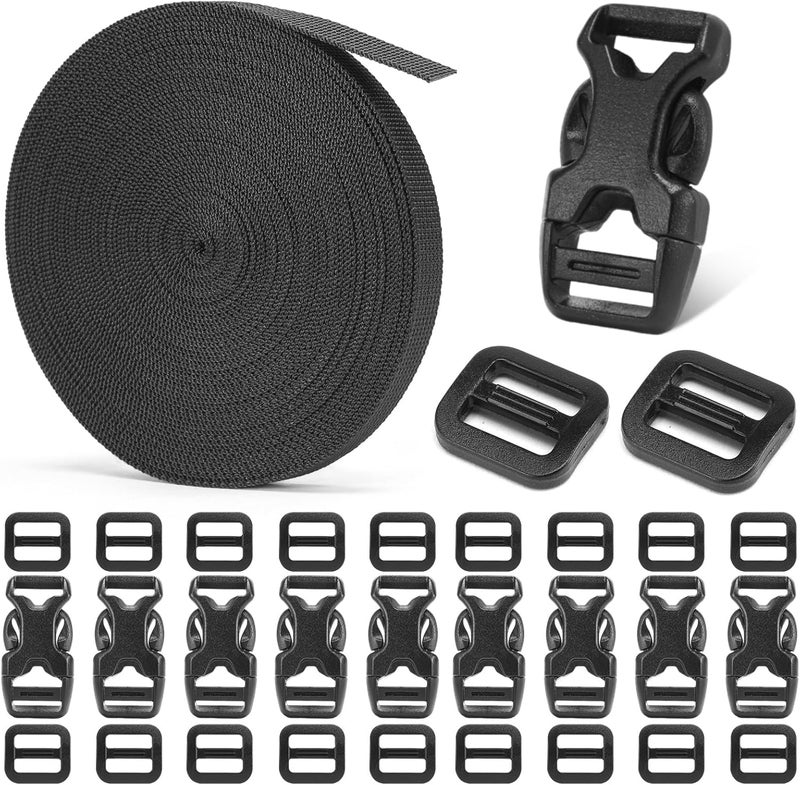 BEYOURD Buckle and Strap Set 3/8", 10 Yards Webbing Strap, 10-Pack Dual Adjustable Side Release Plastic Buckles, 20 Tri-Glide Slider Clips, Black (3/8 Inch Combo Set) - Image 1